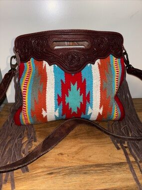 American darling Aztec Handtooled Leather fringe Southwestern Pattern Crossbody